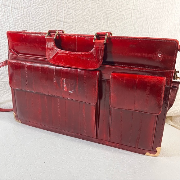 Vintage Eel Skin Leather Burgundy Briefcase 17x11 Ox Blood Red Shiny Academia - Picture 15 of 16